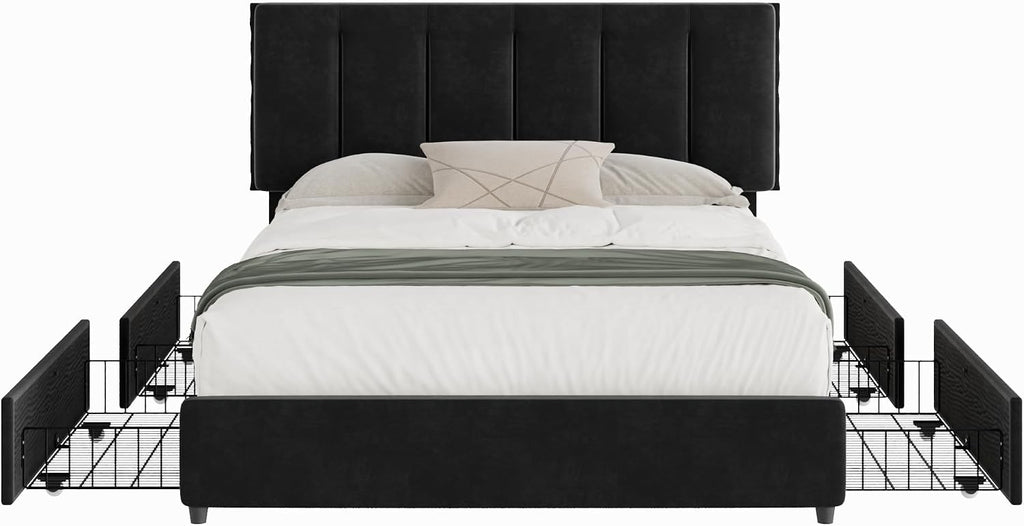 VECELO Queen Size Bed Frame with 4 Storage Drawers, Adjustable Height Headboard, Heavy-Duty Platform Bedframe with Strong Wooden Slats, No Box Spring Needed, Black