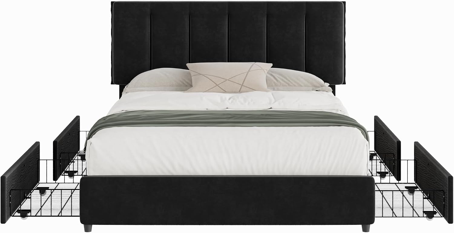 VECELO Queen Size Bed Frame with 4 Storage Drawers, Adjustable Height Headboard, Heavy-Duty Platform Bedframe with Strong Wooden Slats, No Box Spring Needed, Black