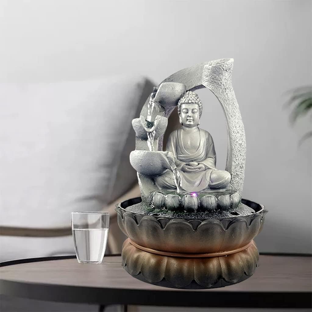 Creative Tabletop Fountain with LED Lights - Buddha Statue Waterfall Decor, Resin Indoor Water Feature, Feng Shui Ornaments for Home Decoration & Relaxation