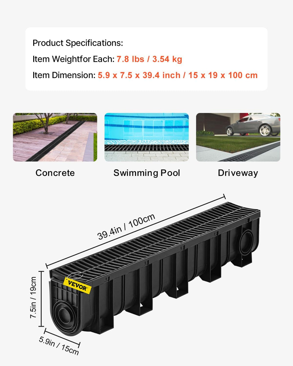 VEVOR Trench Drain System 4 Pack, Channel Drain with Plastic Grate 5.9 x 7.5 in HDPE Drainage Trench, Black Plastic Garage Floor Waterway 4 x 39 in with 4 End Caps for Garden Driveway
