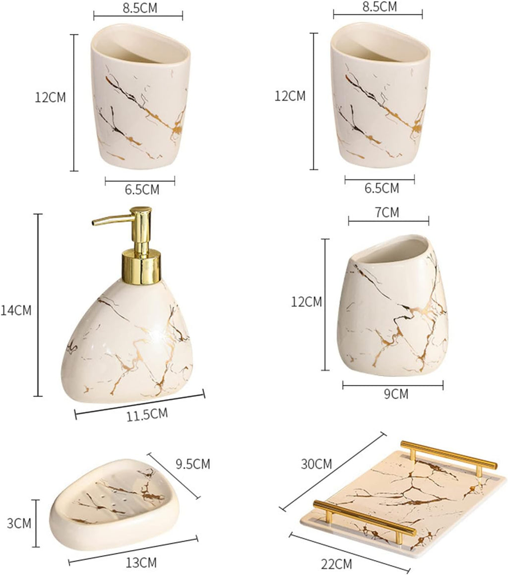 6 Piece Bathroom Soap Dispenser and Toothbrush Holder Set, Ceramic Soap Dispenser, Vanity Countertop Accessory Toothbrush Holder Set with Marble Look -Beige