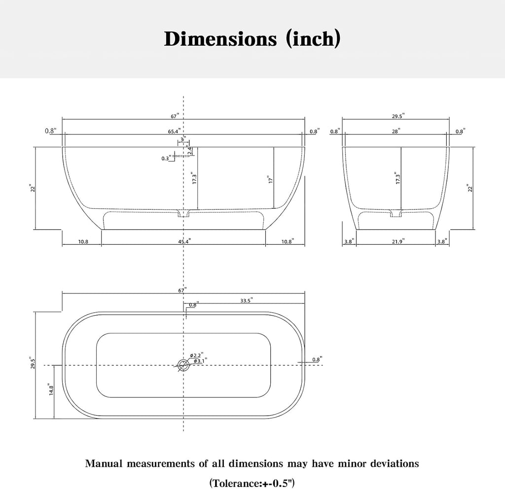 67'' Freestanding Bathtub Resin Stone Deep Soaking Tubs Solid Surface Matte Tub with Overflow and Pop-up Drain