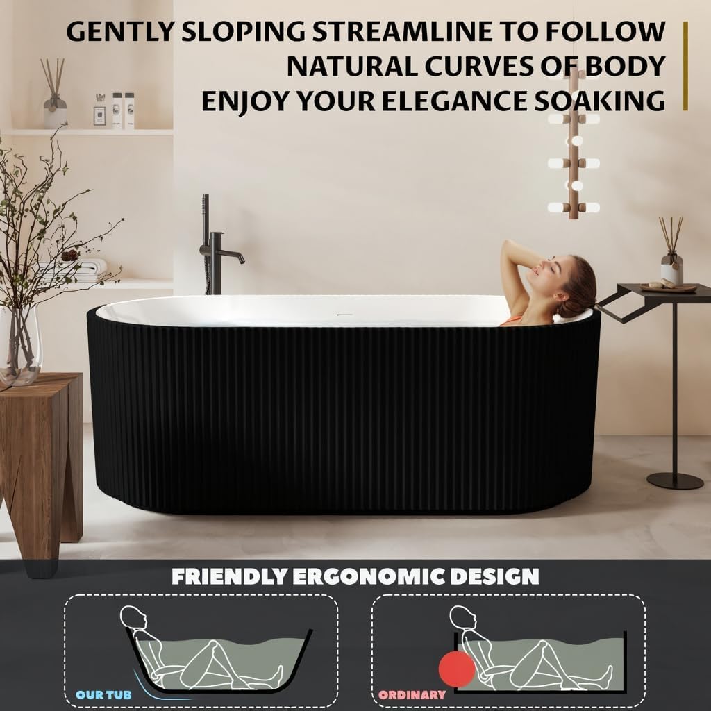 67 inch Freestanding Bathtub for Main Bathroom – Black & White Acrylic Free Standing Tub with Chrome Drain, Extra-Deep Soaking Tub for Luxurious Bathing Experience