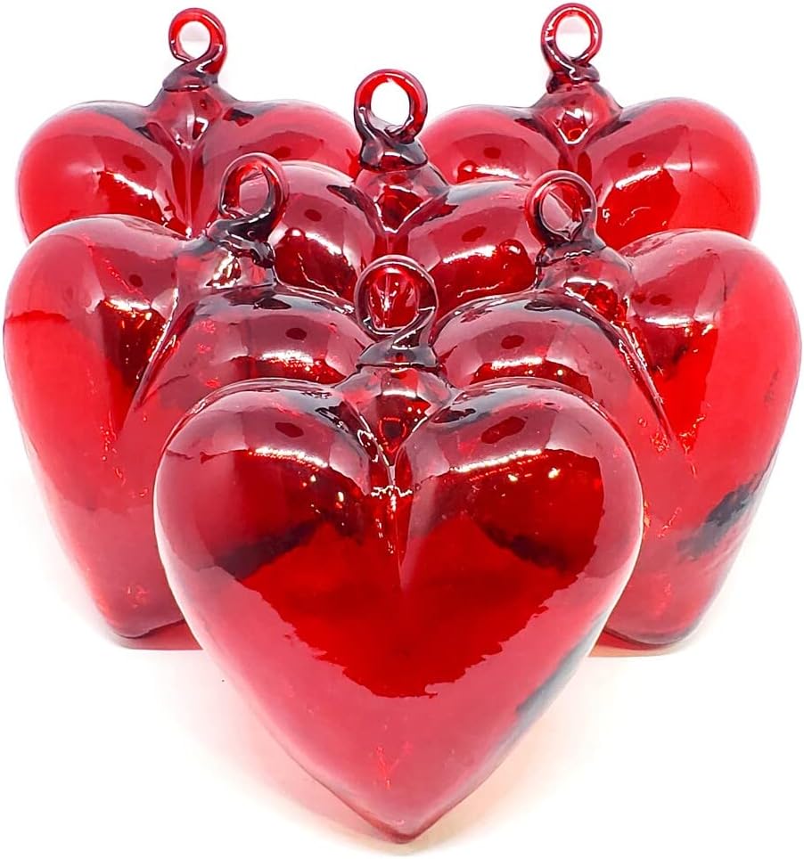 Red 5.1 inch Large Hanging Glass Hearts (Set of 6), Recycled Blown Glass (LGE Red Hearts)