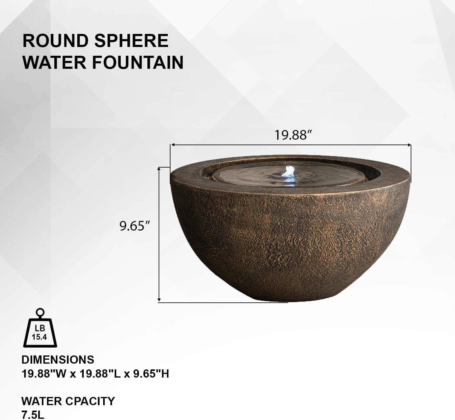 XBrand 19.8' W Round Sphere Water Fountain Indoor Outdoor with LED Light, Polyresin Bubbler Feature for Patio Garden Yard Home Décor, Bronze