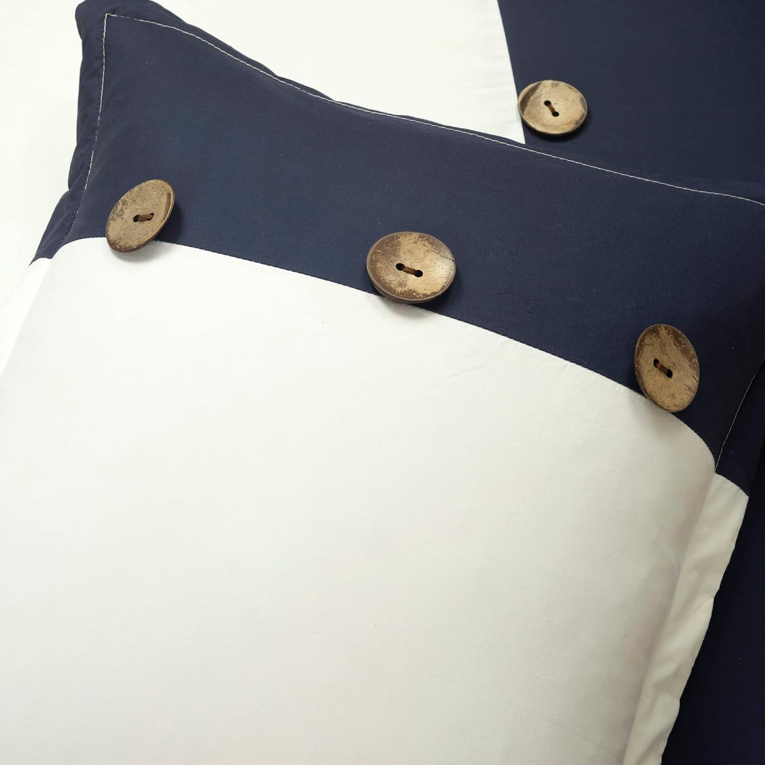 Lush Decor Linen Button Farmhouse 5 Piece Comforter Set, Full/ Queen, Navy - Rustic Chic Bedding Set With Euro Shams - Modern Color Block Design With Coconut Husk Button Detail
