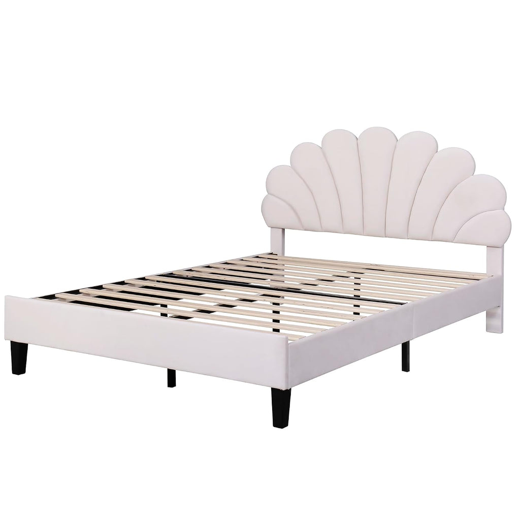 Full Size Velvet Upholstered Platform Bed with Flower Pattern Headboard,Bed Frame W/Wood Slat Support,for Bedroom,Apartment,Guest Room,Beige