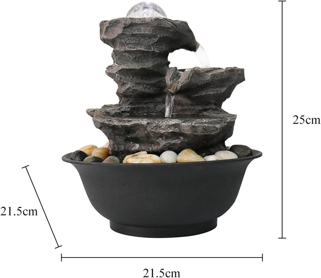 HIHELO Indoor Tabletop Waterfall Fountain Desktop Fountain Interior Decoration Tabletop Fountain with LED Lights and Rotating Ball, Suitable for Home Office 21.5×21.5×25cm Meditation Fountain