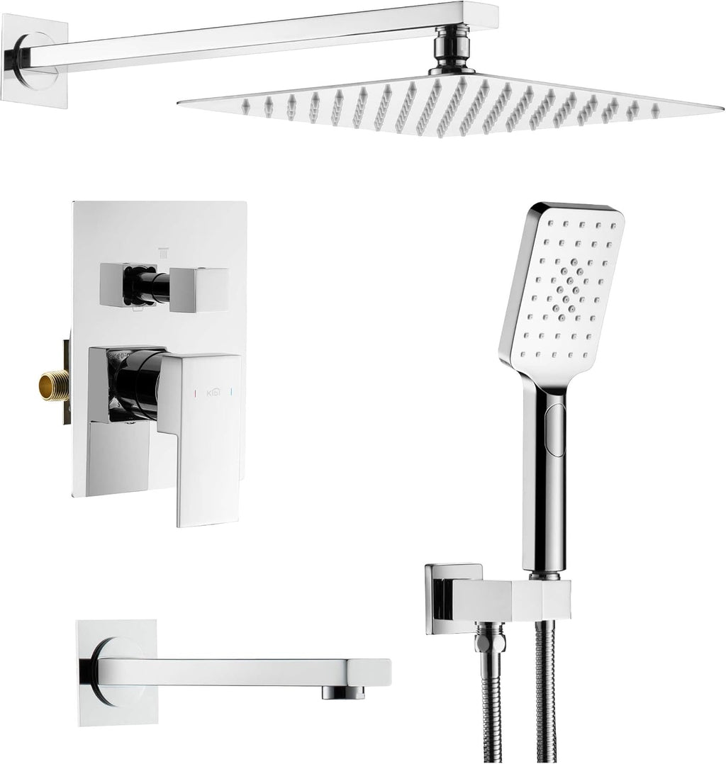 KIBI Cube Bathroom Shower System | 3-Function Wall Mounted Shower Faucet Set with Solid Brass Pressure Balanced Valve | 15-inch Long Shower Arm | Three Hand Shower Modes | Chrome Finish (KSF406)