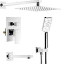 KIBI Cube Bathroom Shower System | 3-Function Wall Mounted Shower Faucet Set with Solid Brass Pressure Balanced Valve | 15-inch Long Shower Arm | Three Hand Shower Modes | Chrome Finish (KSF406)