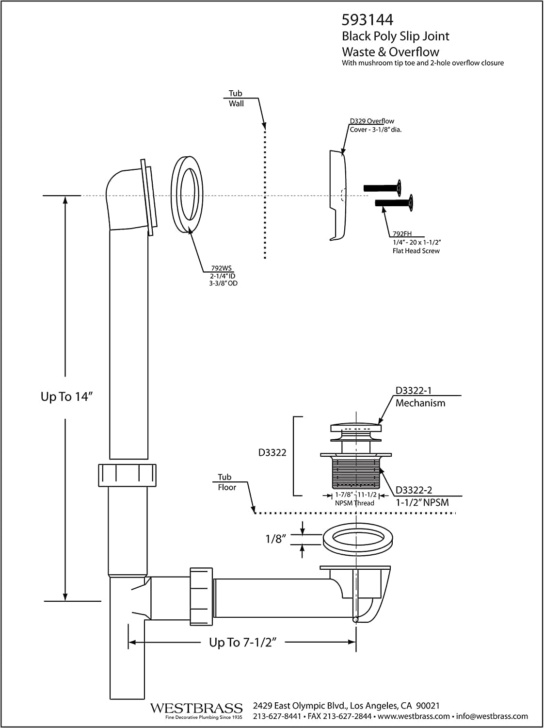 Westbrass 593144-12-01 14' Black Poly Tubular Bathtub Waste & Overflow Assembly with Tip-Toe Drain Plug and 2-Hole Faceplate, Polished Brass (12-Pack)