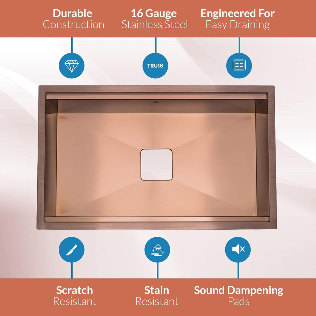 Strictly Sinks Undermount Workstation Copper Kitchen Sink –32 Inch 16 Gauge Single Bowl Kitchen Sink with Bottom Grid, Wooden Cutting Board, Colander, 1 Garbage Disposal Adapter, & 1 Strainer Drain