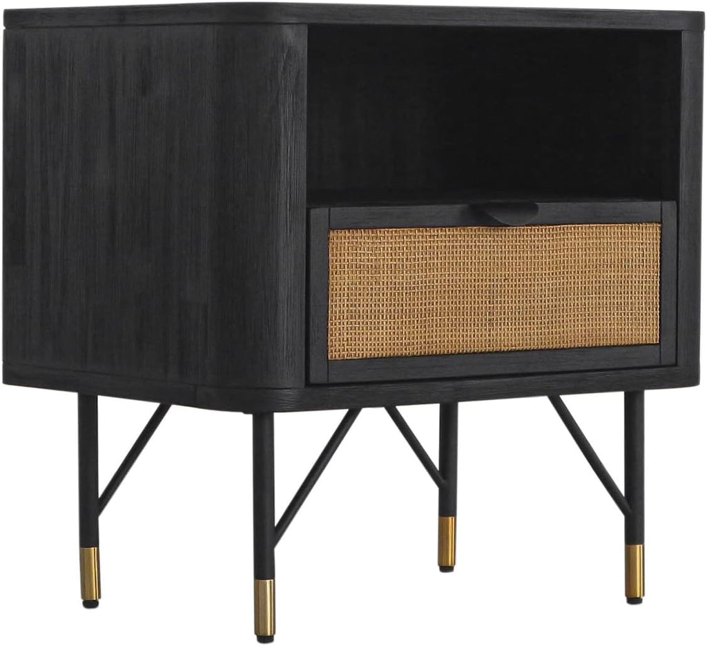 Armen Living Saratoga 4 Piece Queen Bedroom Set in Black Acacia Wood and Rattan