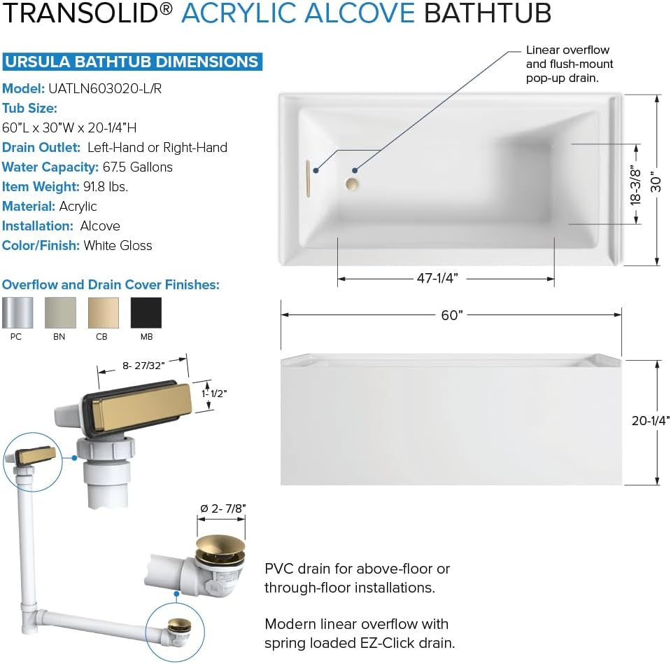 Transolid Unity 60 x 30 x 20-1/4 in. Acrylic Alcove Bathtub with Left-Hand Drain, White/Champagne Bronze