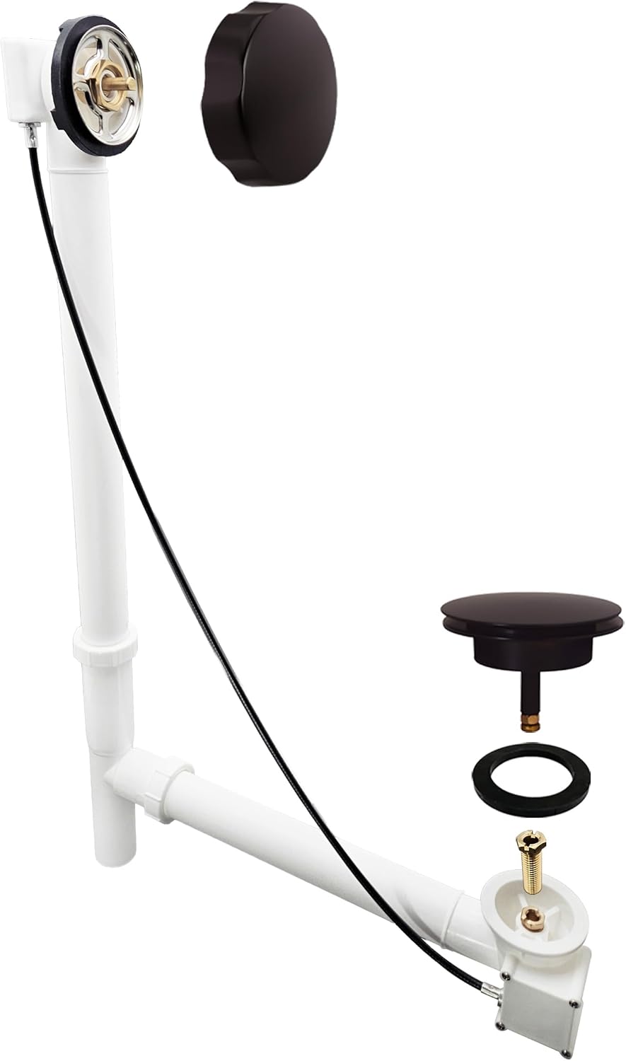 Westbrass A50P27TLE-12 27' Cable Drive Bath Drain Trim Kit with Rotary Overflow Cover Knob, European Stopper and Poly Tubular Pipes, Oil Rubbed Bronze