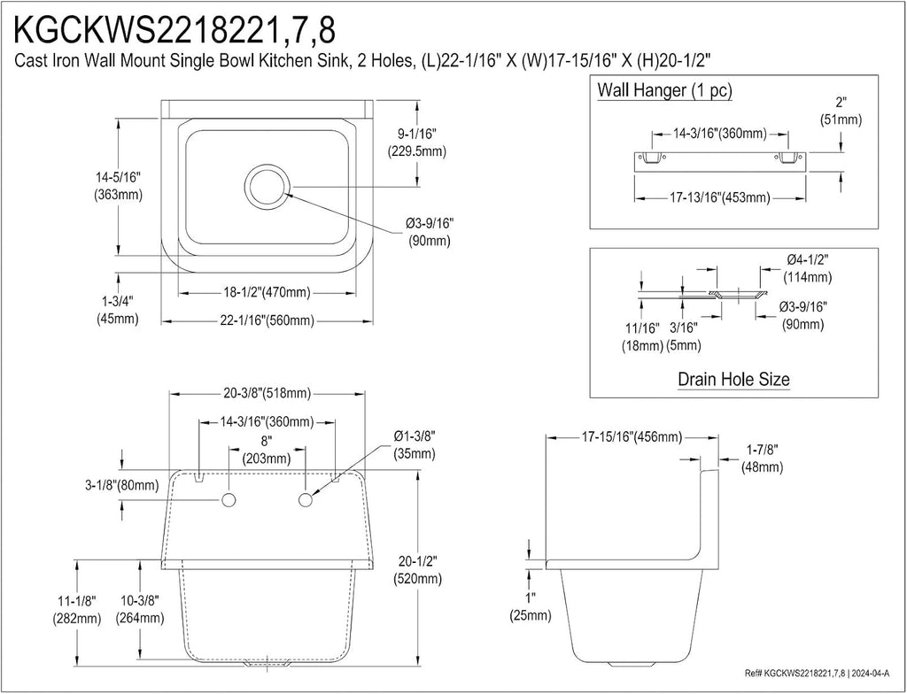 Kingston Brass Petra Galley KGCKWS2218227 Cast Iron Single Bowl Wall Mount Kitchen Sink with 2-Hole Drain and Strainer, White/Brushed Brass