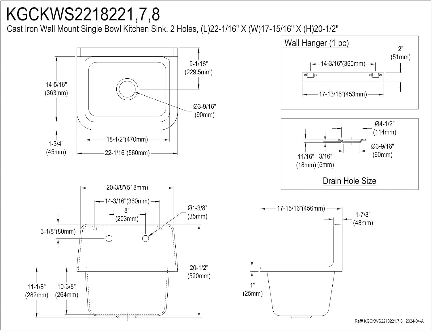 Kingston Brass Petra Galley KGCKWS2218227 Cast Iron Single Bowl Wall Mount Kitchen Sink with 2-Hole Drain and Strainer, White/Brushed Brass