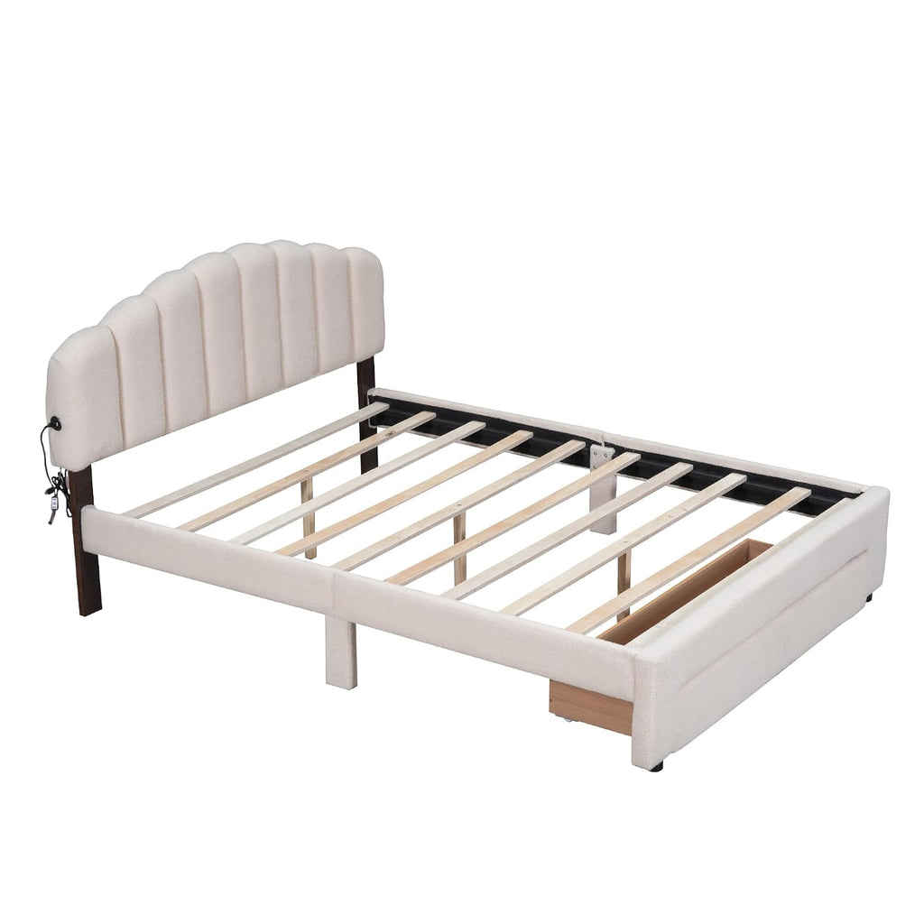 Queen Size Teddy Fleece Upholstered Platform Bed with Drawer,LED Bed Frame W/ 2 USB Ports,for Bedroom,Apartment,Guest Room,Beige