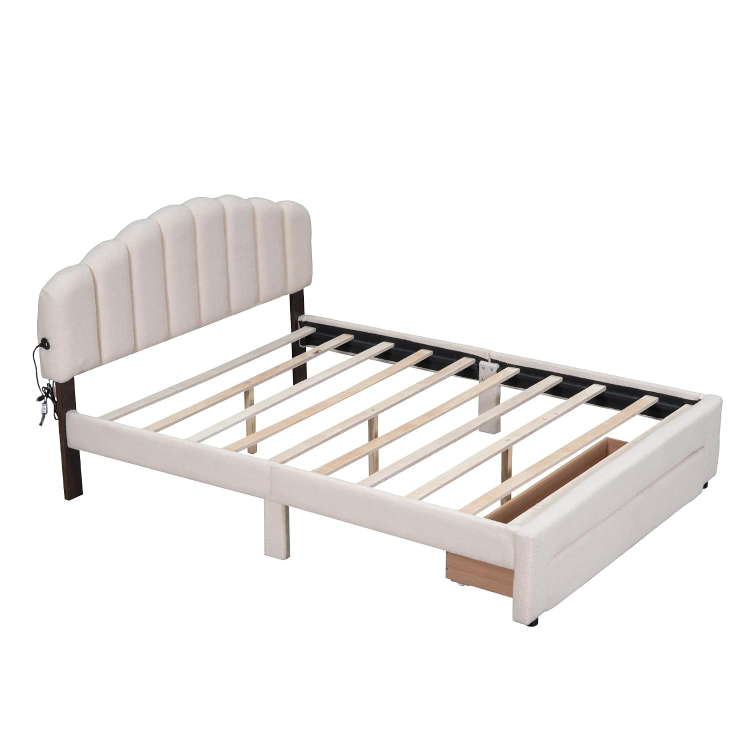 Queen Size Teddy Fleece Upholstered Platform Bed with Drawer,LED Bed Frame W/ 2 USB Ports,for Bedroom,Apartment,Guest Room,Beige