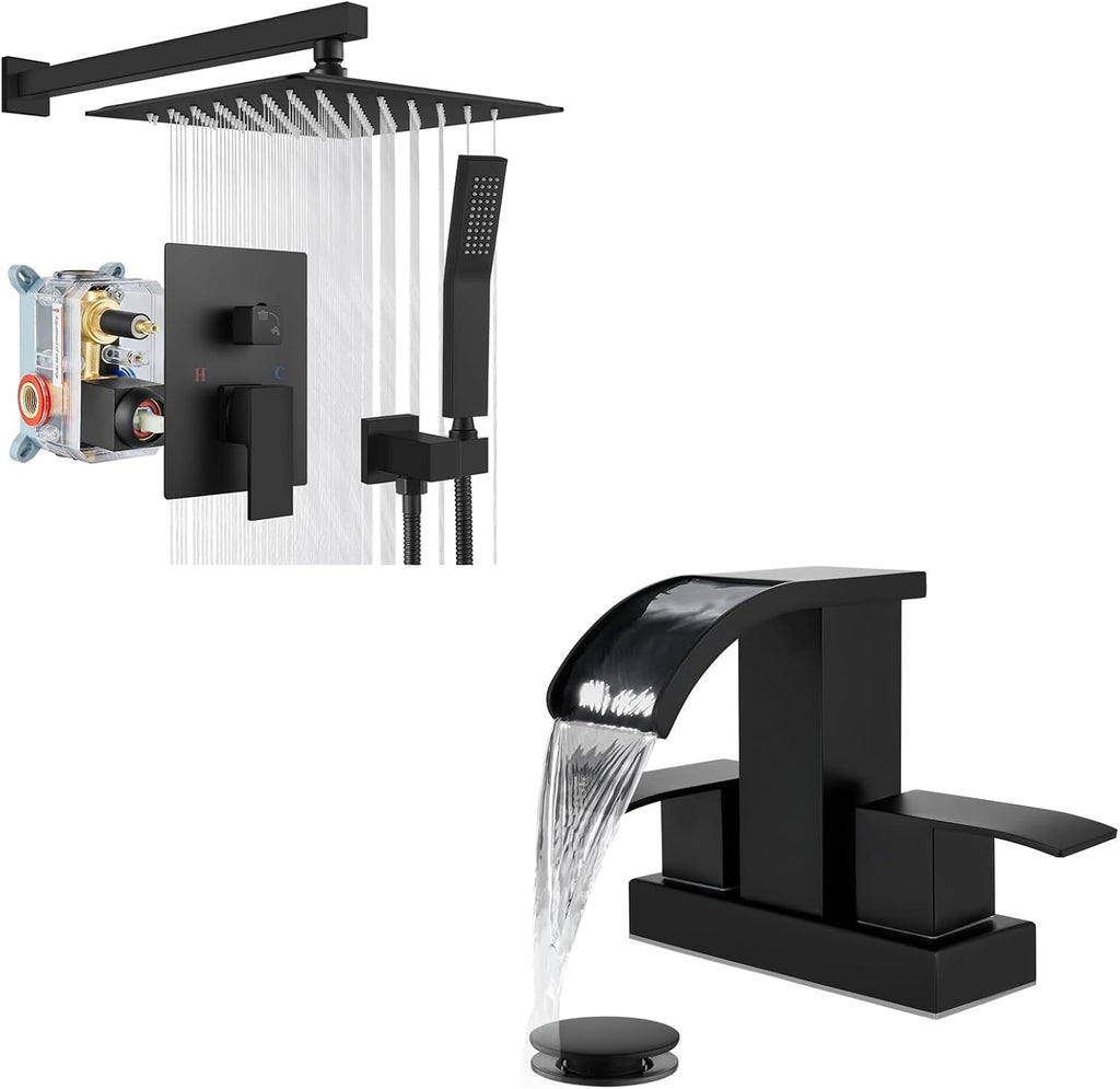 gotonovo Rainfall Bathroom Shower System Wall Mounted Pressure Balancing Valve 12 Inch with gotonovo 4 Inch Centerset Waterfall Bathroom Sink Faucet Deck Mount 2 Handle with Pop Up Drain Matte Black