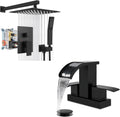 gotonovo Rainfall Bathroom Shower System Wall Mounted Pressure Balancing Valve 12 Inch with gotonovo 4 Inch Centerset Waterfall Bathroom Sink Faucet Deck Mount 2 Handle with Pop Up Drain Matte Black