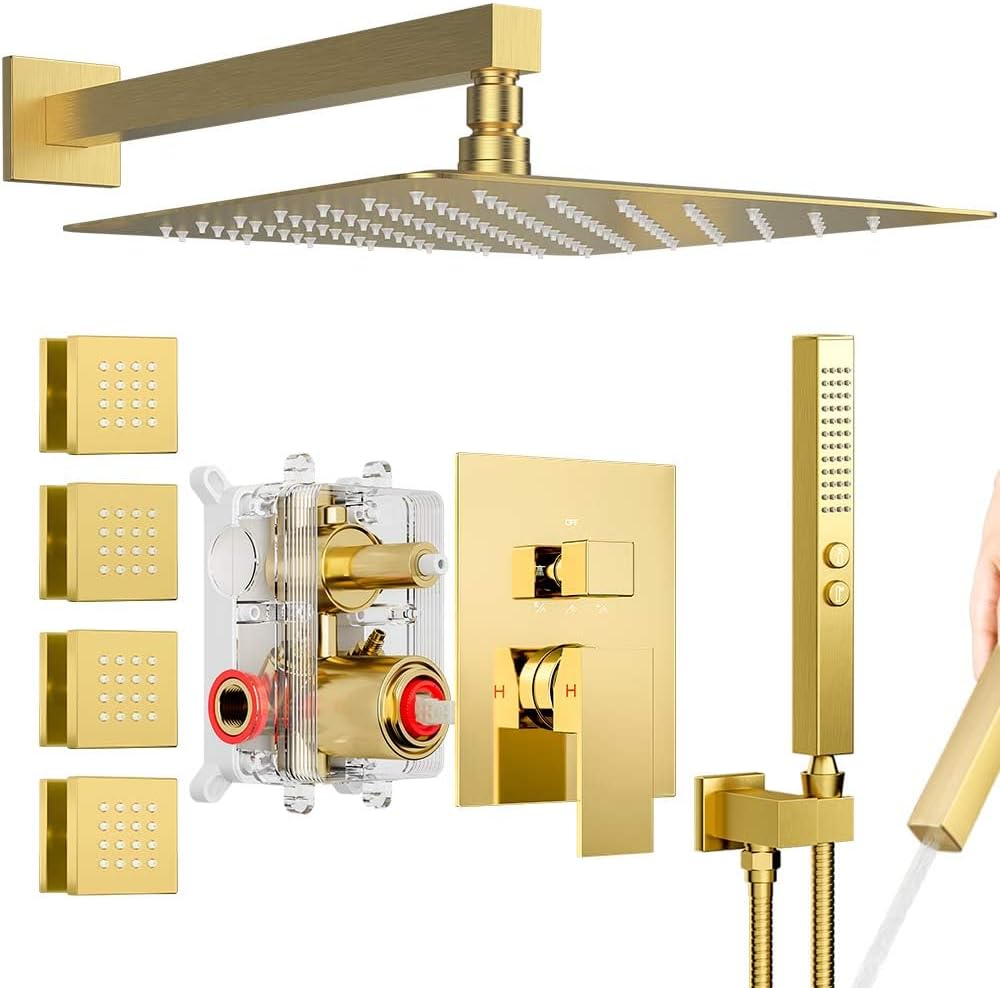 Shower System Brushed Gold Shower Faucets Sets, Bostingner 10' Rain Shower Head with 2 In 1 Handheld Spray and 4 Body Jets, Wall Mounted All Metal 3 Way Shower Set with Rough-in Valve and Trim Kit