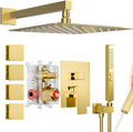 Shower System Brushed Gold Shower Faucets Sets, Bostingner 10' Rain Shower Head with 2 In 1 Handheld Spray and 4 Body Jets, Wall Mounted All Metal 3 Way Shower Set with Rough-in Valve and Trim Kit