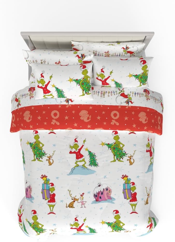 Grinch By Dr. Seuss Holiday & Christmas Bedding Super Soft Comforter and Sheet Set with Sham, 7 Piece Queen Size (Official Dr. Seuss Product) By Franco