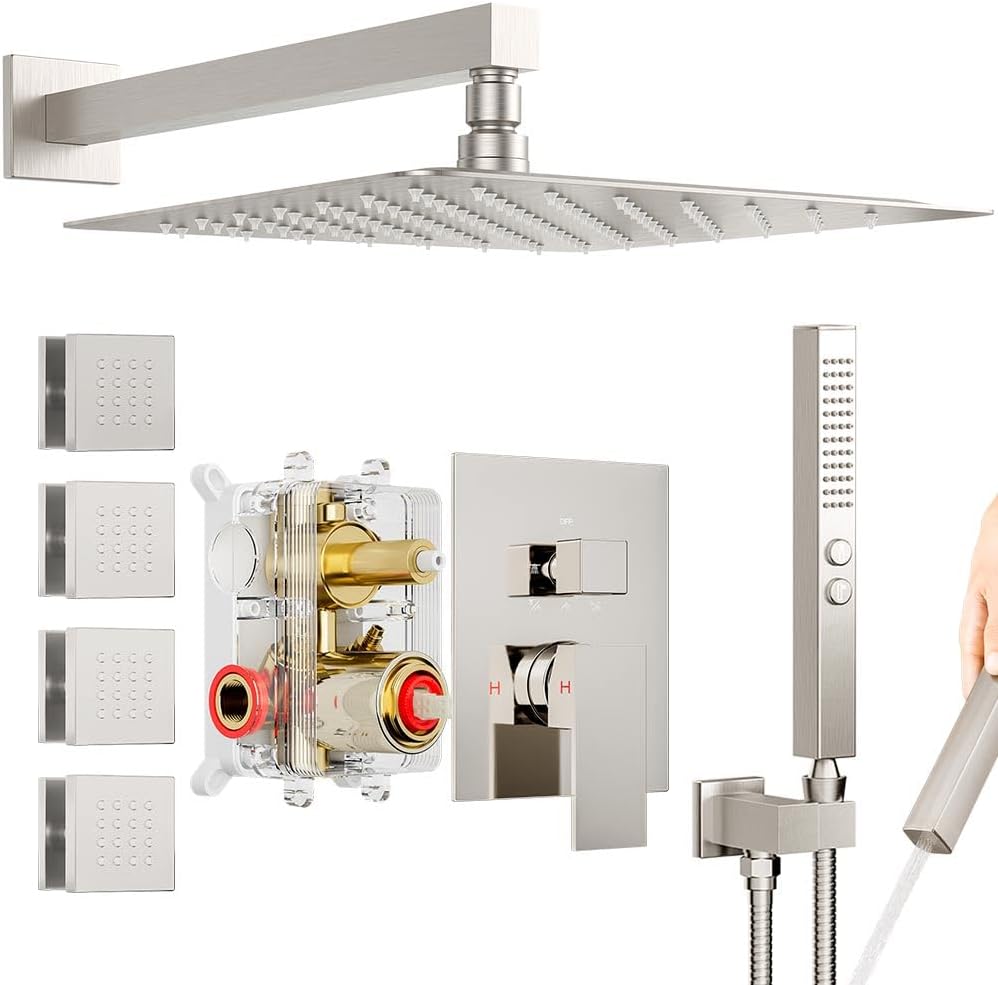 Shower Faucets Sets Shower System with Body Jets, Bostingner 10' Rain Shower Head with 2 In 1 Handheld Spray and 4 Jets, Wall Mounted All Metal 3 Way Shower Set with Valve and Trim Kit,Brushed Nickel