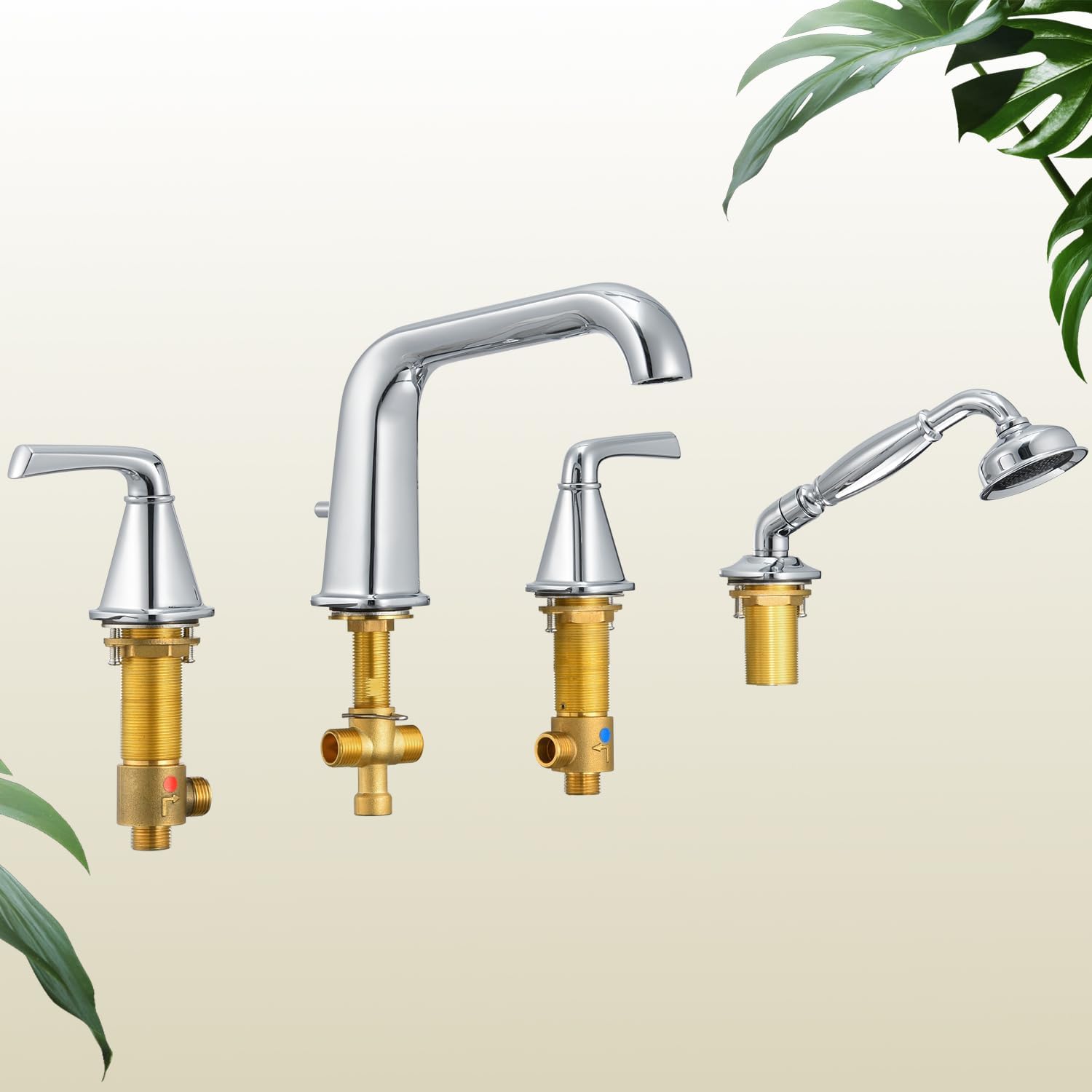 Roman Bathtub Faucet with Sprayer, Qinkell Tub Faucet Set with Valve, 4 Hole Deck Mount Tub Faucets, 2 Handle High Flow Tub Filler with Hand Shower and Supply Lines Polished Chrome