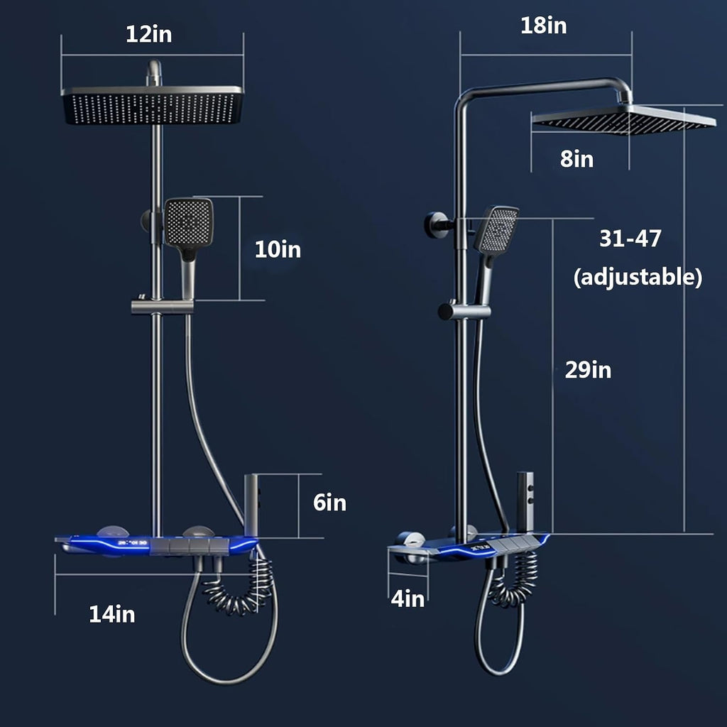 Shower set with smart constant temperature, shower set with LED digital display, shower set with hidden drain, with air booster, piano keys, four-speed square spray, suitable for bathrooms ( Color : W