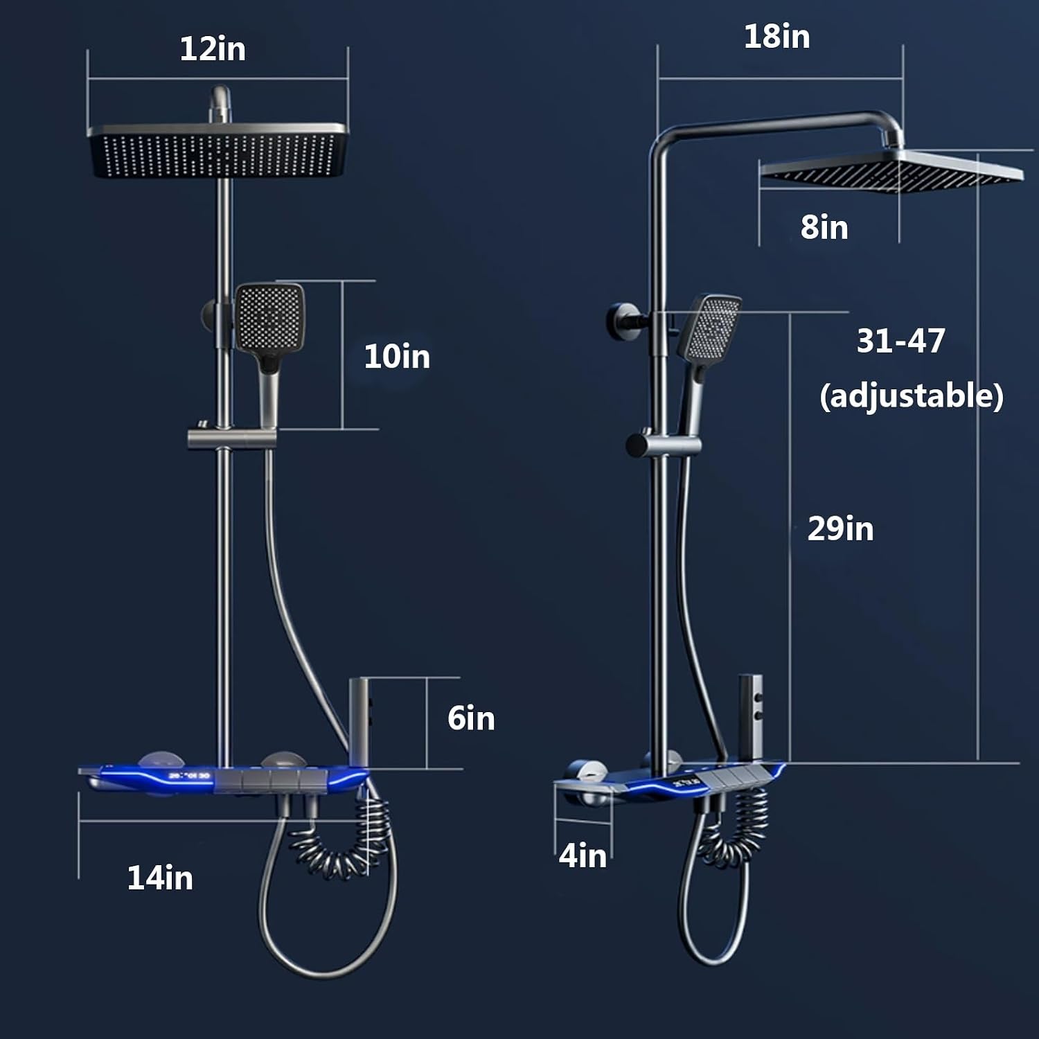 Shower set with smart constant temperature, shower set with LED digital display, shower set with hidden drain, with air booster, piano keys, four-speed square spray, suitable for bathrooms ( Color : W