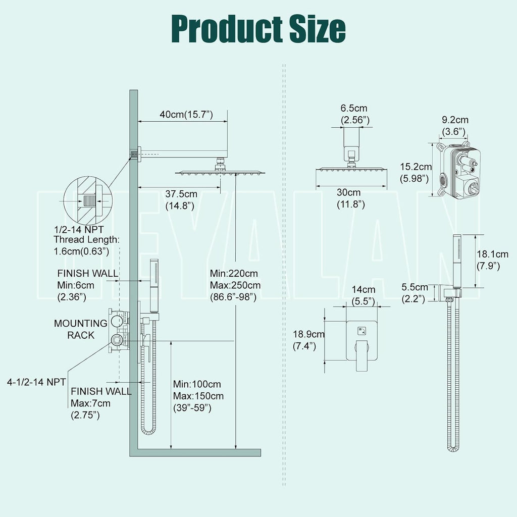 Heyalan Shower System Square Rain Shower System Head Shower Faucet Fixture 2 in 1 Handheld Shower Sprayer Rough in Valve Wall Mount Bathroom Rainfall Combo Set High Pressure,12 Inch,Polished Chrome