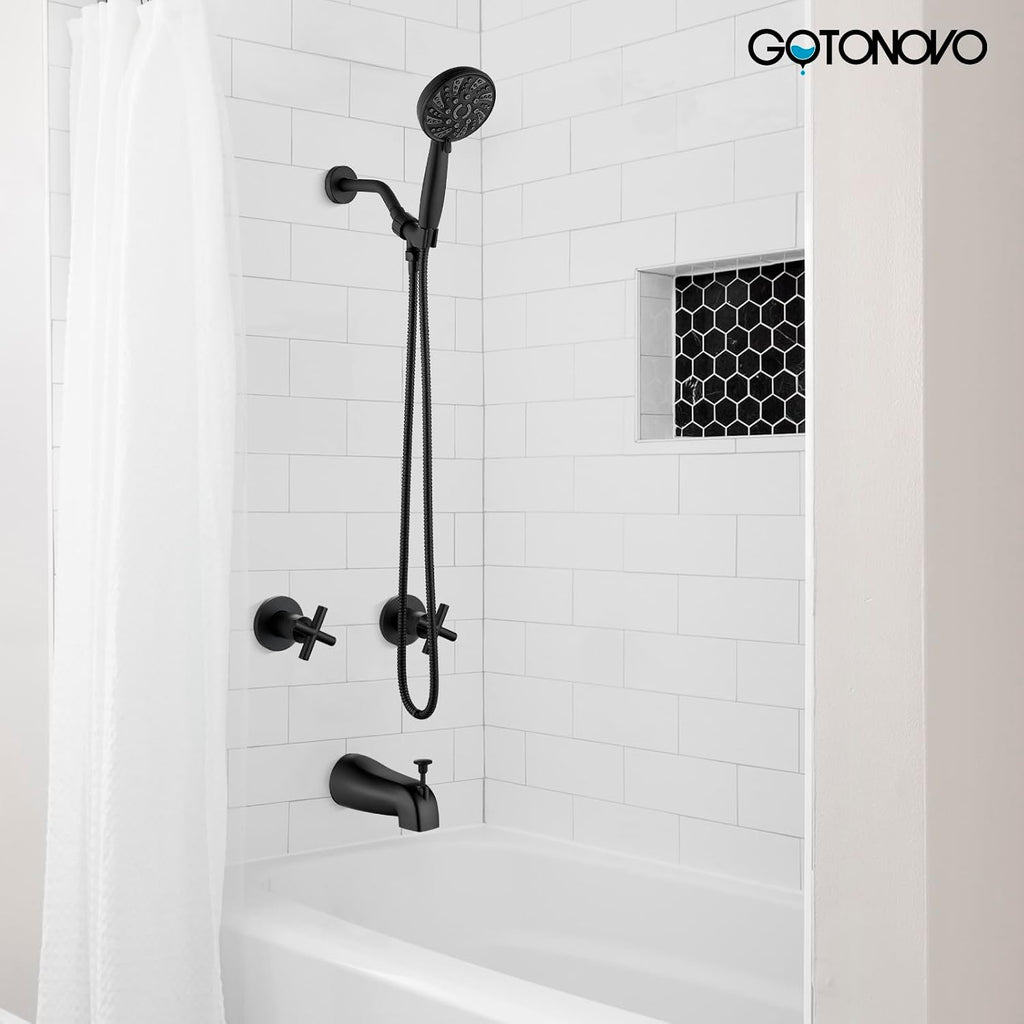 gotonovo Waterfall 8 inch Widespread Bathroom Faucet Set 3 Hole 2 Handle Deck Mount with gotonovo 2 Handles Tub Shower Faucet Set with 6 Modes Handheld Spray Shower System with Tub Spout Matte Black