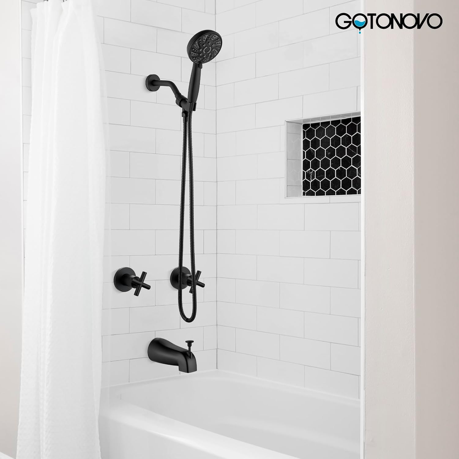 gotonovo Waterfall 8 inch Widespread Bathroom Faucet Set 3 Hole 2 Handle Deck Mount with gotonovo 2 Handles Tub Shower Faucet Set with 6 Modes Handheld Spray Shower System with Tub Spout Matte Black