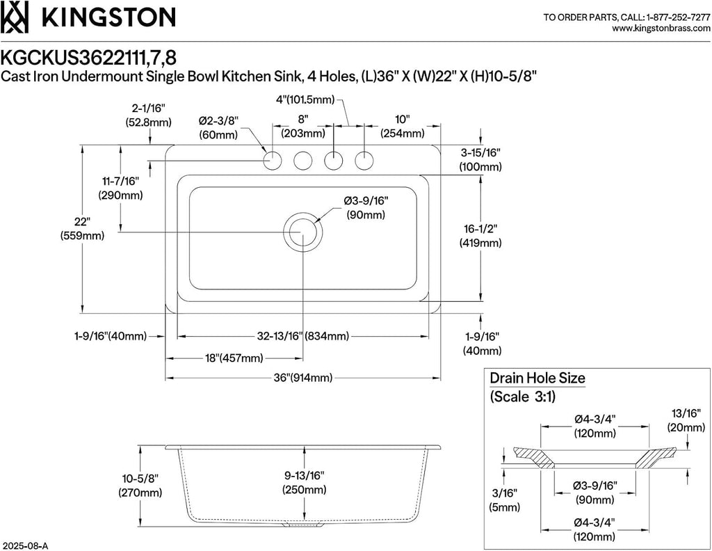 Kingston Brass Towne KGCKUS3622117 Cast Iron Single Bowl Undermount Kitchen Sink with 4-Hole Drain and Strainer, White/Brushed Brass