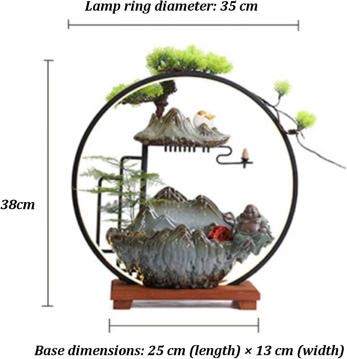 Tabletop Fountain with LED Light, Indoor Waterfall Fountain with Water Wheel & Wood Base, Chinese-Style Creative Water Feature for Office Living Room Bedroom(B)