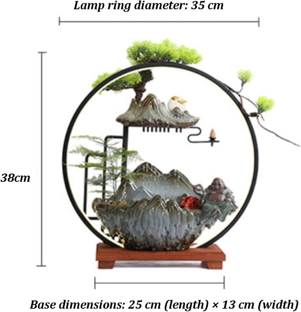 Tabletop Fountain with LED Light, Indoor Waterfall Fountain with Water Wheel & Wood Base, Chinese-Style Creative Water Feature for Office Living Room Bedroom(C)
