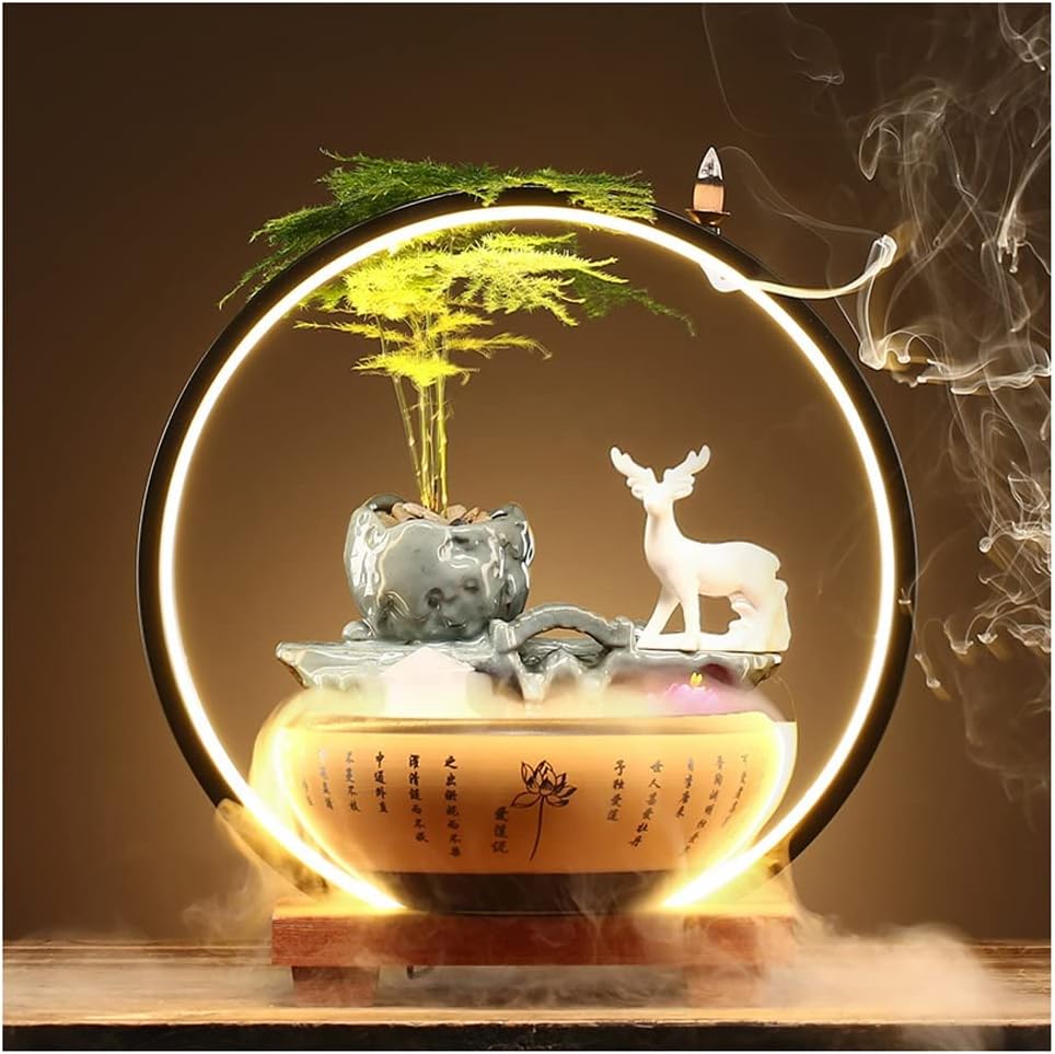 HIHELO Desktop Fountain Tabletop Fountain Chinese Ceramic Water Fountain Office Desktop Decoration Ornament Desktop Circulating Water Fountain Water Fountain Outdoor (Color : B)