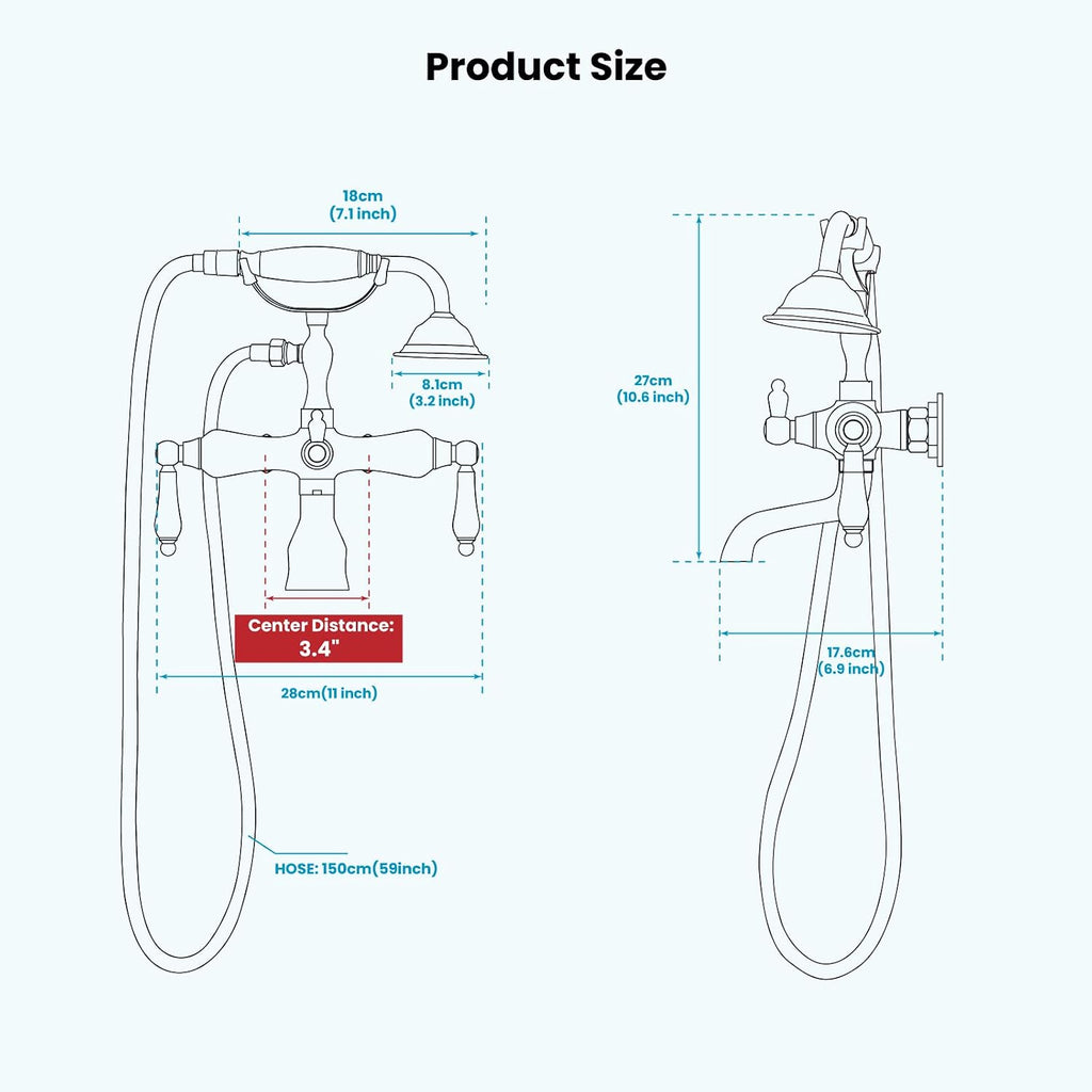gotonovo 3 3/8 Vintage Bathtub Filler Wall Mount Clawfoot Tub Faucet Shower Kit with Handheld Shower 2-Functions Double Level Handle Modern Telephone Handheld Shower Antique Brass
