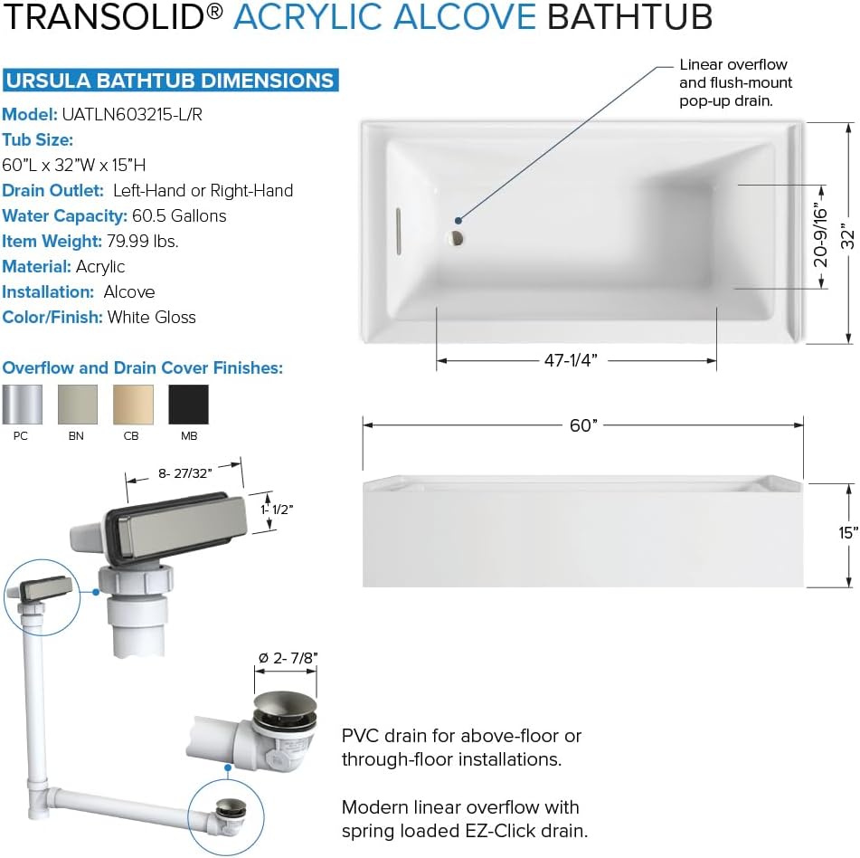 Transolid UATLN603215-R-BN Unity 60-in x 32-in x 15-in Alcove Acrylic Bathtub Kit With Right Hand Drain, White/Brushed Nickel