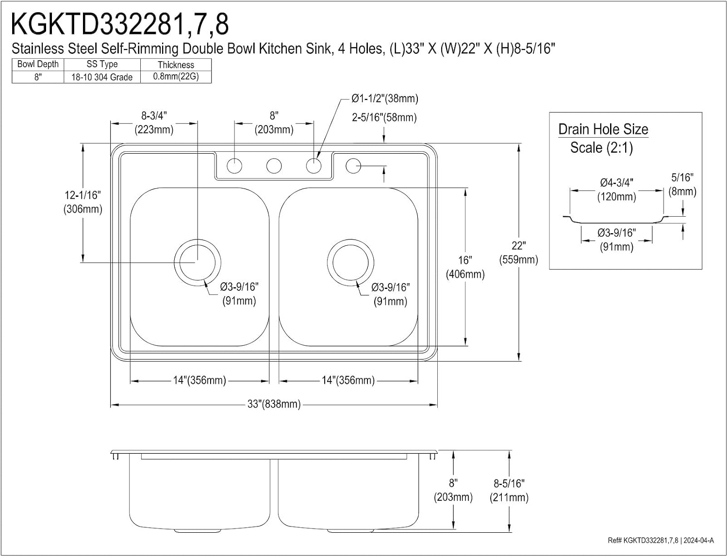 Kingston Brass Studio KGKTD332287 33' Stainless Steel Self-Rimming Double Bowl Drop-In Kitchen Sink with 4-Hole Drain and Strainer, Stainless Steel/Brushed Brass