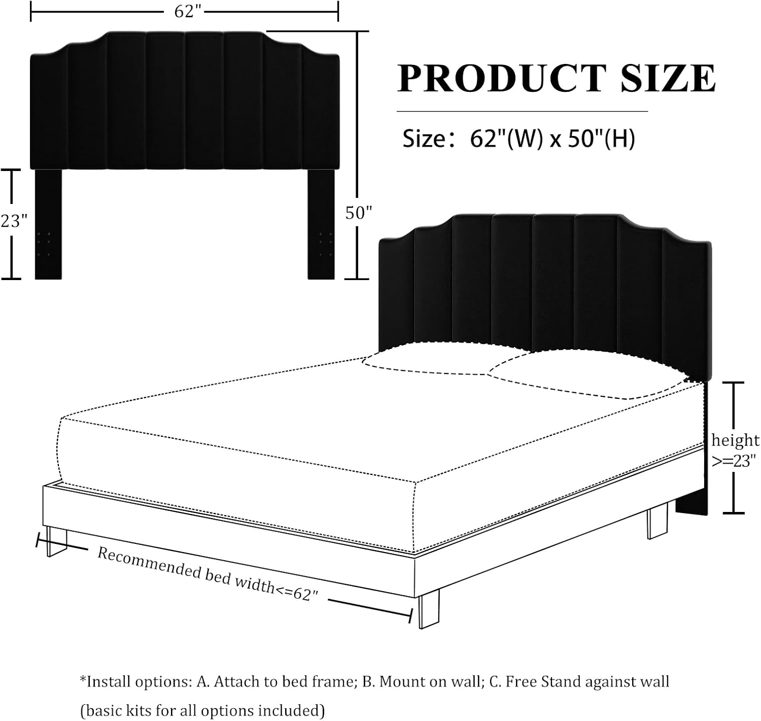 Befurtori Queen Size Headboard Only, Velvet Wall Mounted Headboard Queen Size for Adjustable Bed, Modern Vertical Channel Design with Curved Tufted Upholstered Head Board and Luxury Soft Padded, Black