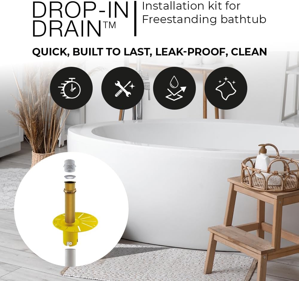 Freestanding Bathtub Drain Kit – Rough-in Installation System, White PVC & Brass Plumbing Pipes, Fits 1-1/2' Threaded Male & Female Drains, Leak-Proof DIY Install