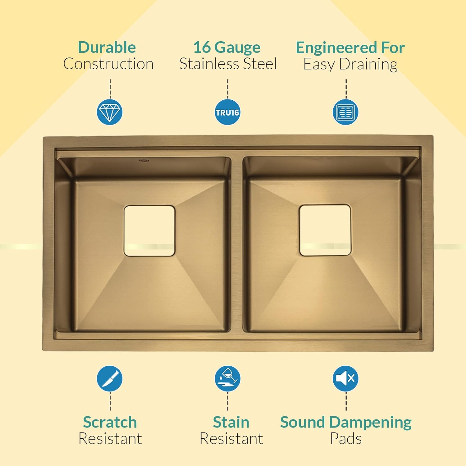 Strictly Sinks 32' Gold Undermount Workstation Kitchen Sink– Scratch and Stain Resistant –16 Gauge Double Bowl Bottom Grid, Wooden Cutting Board, Colander 1 Disposal Adapter & 2 Strainer Drains