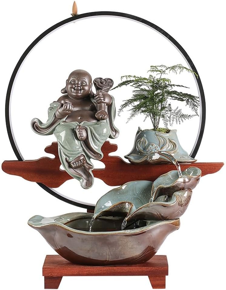 GUERNSEY Tabletop Fountain Tabletop Fountains Chinese-Style Maitreya Buddha Water Fountain Ornaments Office Living Room Decoration Ornaments Indoor Creative Ornaments Indoor Fountain