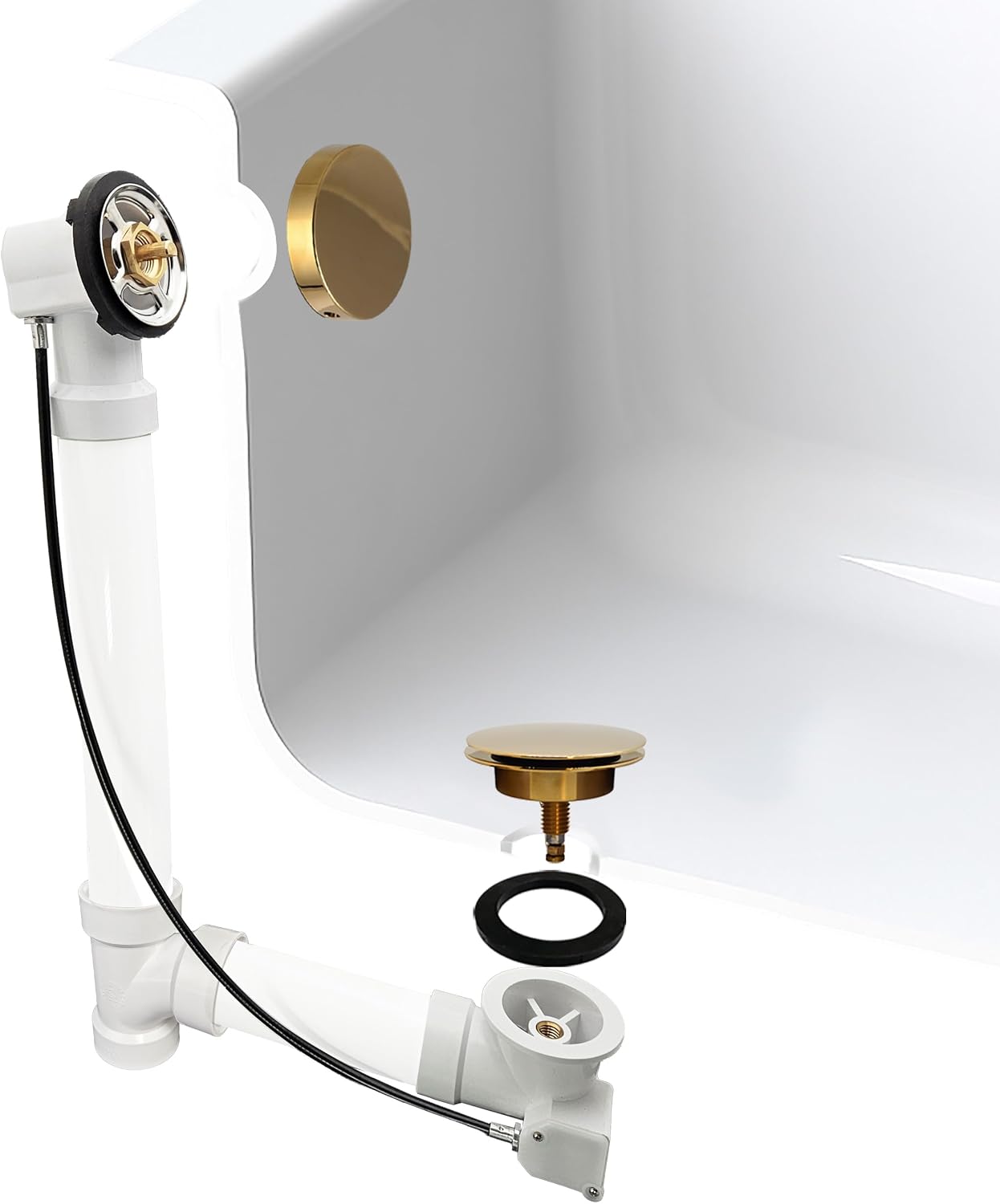 Westbrass D50P35SRE-01 35' Cable Drive Bathtub Drain Trim with Rotary Overflow Cover Knob, Pop-Up Stopper Sch. 40 PVC Fittings, Polished Brass