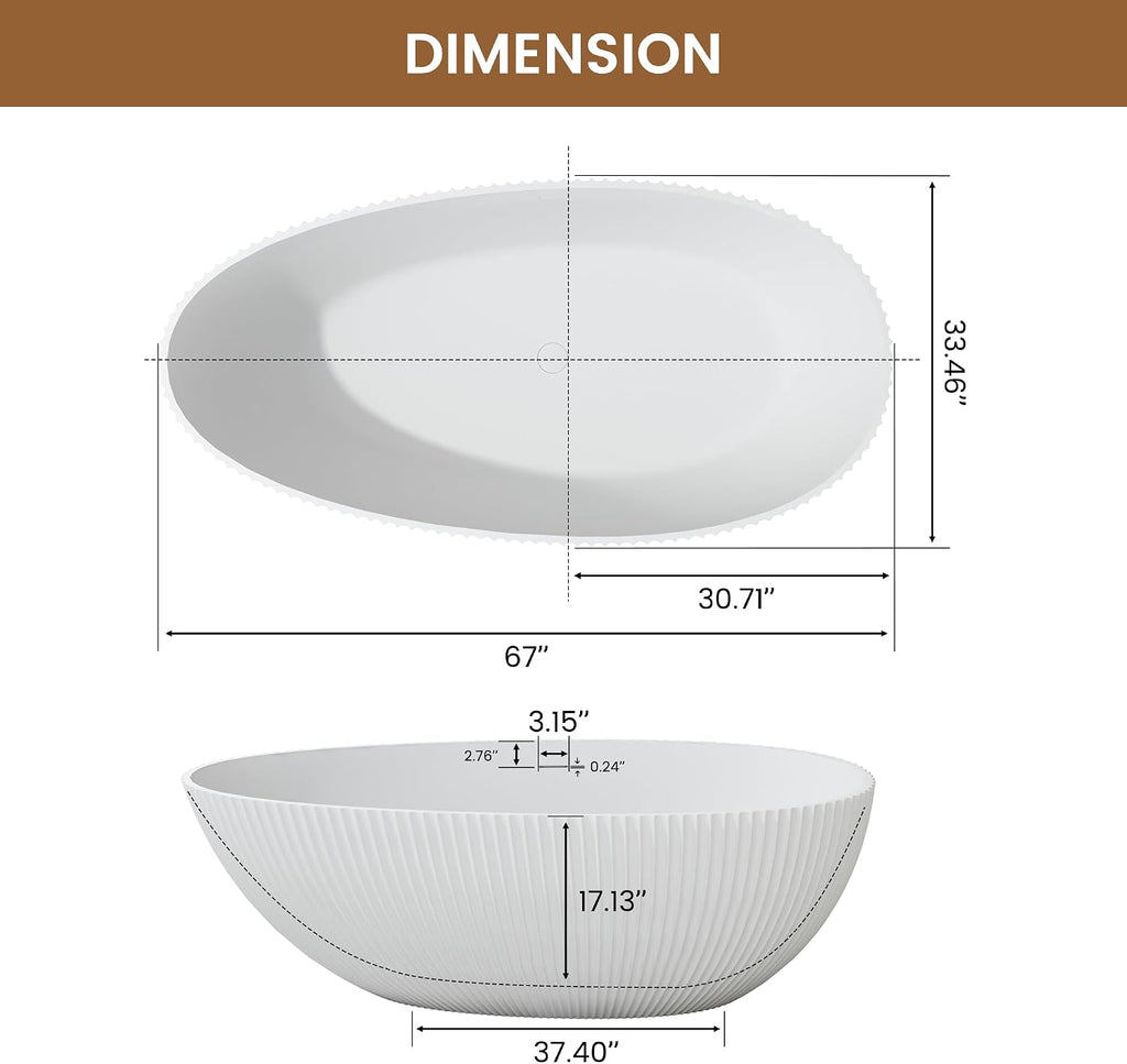 67 Inch Egg-Shape Solid Surface Free Standing Tub Matte White Stone Resin Soaking Tub Featuring 14.37 Inches Soaking Depth, 78 Gallons Water Capacity