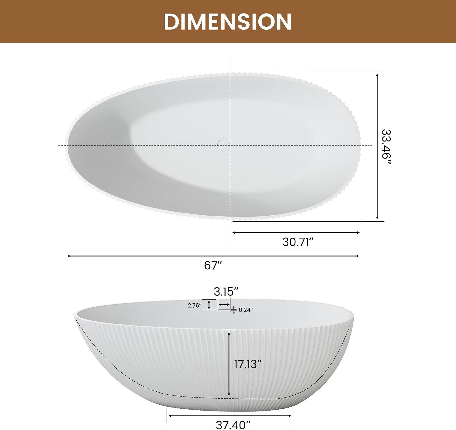 67 Inch Egg-Shape Solid Surface Free Standing Tub Matte White Stone Resin Soaking Tub Featuring 14.37 Inches Soaking Depth, 78 Gallons Water Capacity