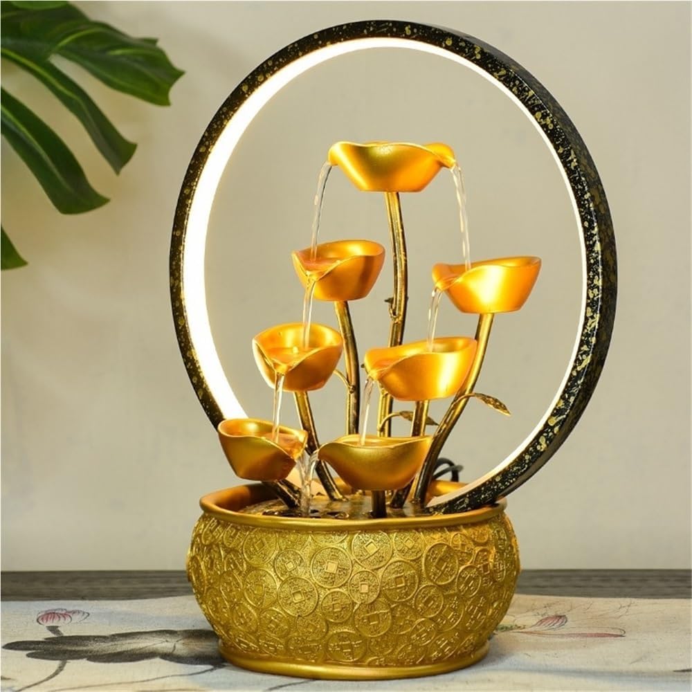 Gold Money Tree Feng Shui Tabletop Fountain with LED Light and Automatic Pump, Wealth Luck Indoor Waterfall Decor, Resin Desktop Water Feature for Home Office Zen Relaxation(Small)